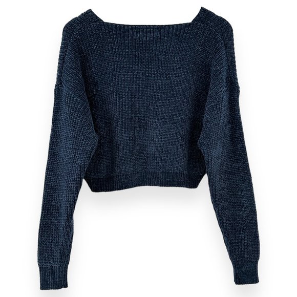 NWT Seek The Label Navy Blue Relaxed Fit Cozy Cropped V-Neck Knit Sweater sz M - Picture 2 of 6